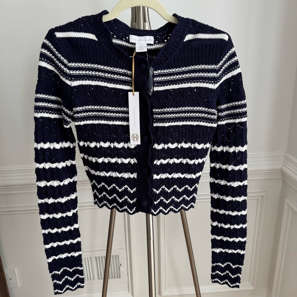 NWT House of Harlow 1960 Navy and White Striped Women's Crochet Sweater Size S